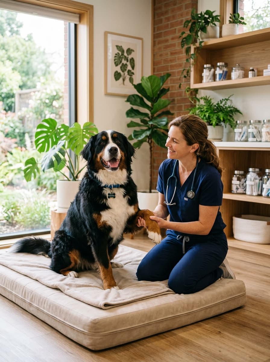 Veterinarian gently examining a happy Bernese Mountain dog on a floor cushion
